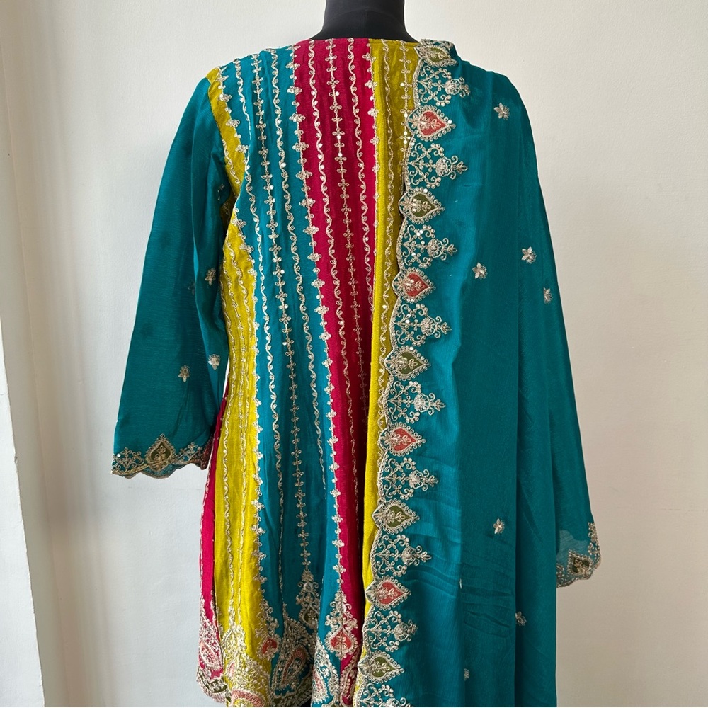Teal Anarkali Palazzo Set w/ Dupatta | Embroidered Zari Ethnic - Picture 14 of 16